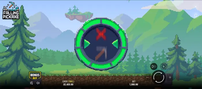Interfaz móvil de Falling Pickaxe con el campo y los controles táctiles.
