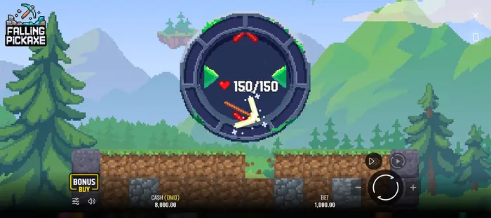 نتيجة جولة Falling Pickaxe مع قيم الفوز الظاهرة.