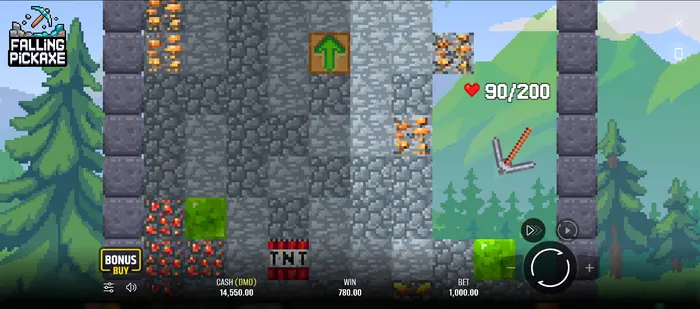لقطة من طريقة لعب Falling Pickaxe تظهر تكسير الكتل وتفاعل الفأس معها