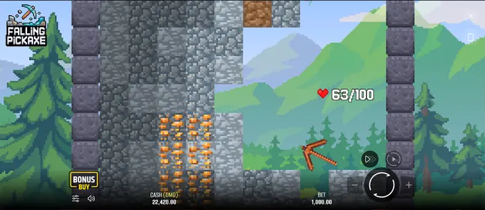 Vertikalus Falling Pickaxe kasyklos laukas su blokų sluoksniais.