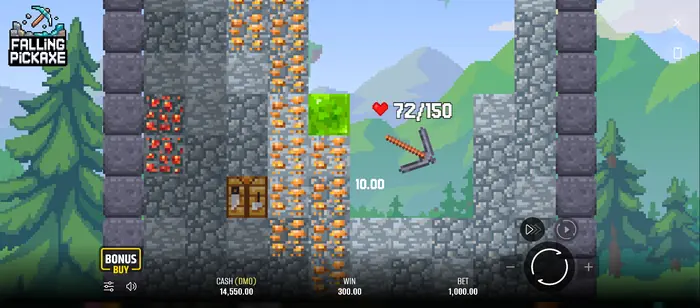 Falling Pickaxe WIN rodmuo ir sukauptos išmokos.