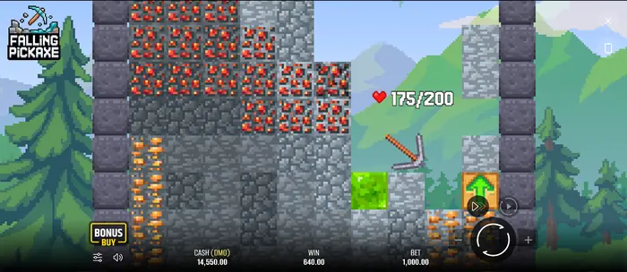 Falling Pickaxe lauko specialieji objektai ir spalvotos rūdos.
