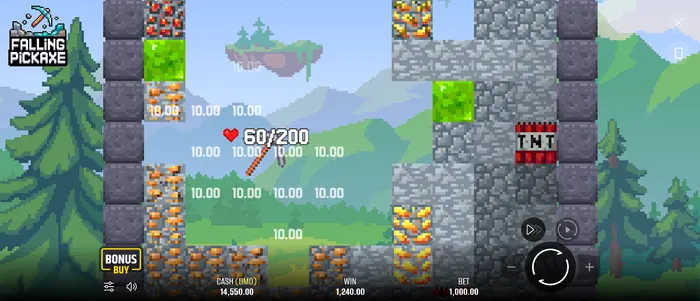 TNT ir Upgrade Arrow objektai Falling Pickaxe kasykloje.