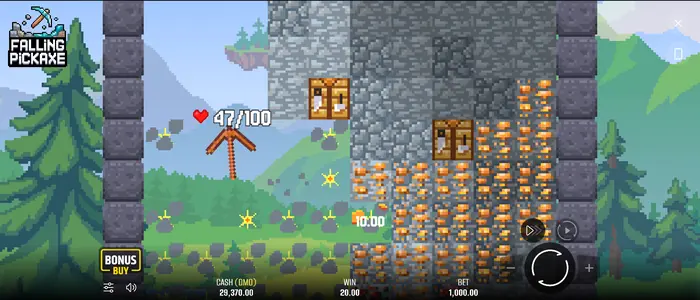 Falling Pickaxe žaidimo ekranas su kirka ir blokais.